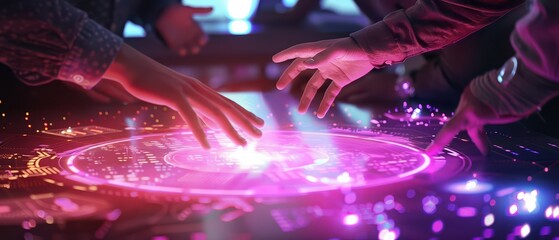 Obraz premium Hands interacting with a vibrant holographic display, showcasing technology and collaboration in a futuristic environment.