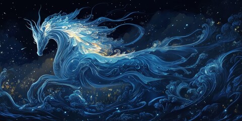 Obraz premium A mystical blue unicorn galloping through an ethereal night sky, surrounded by swirling clouds and sparkling stars.
