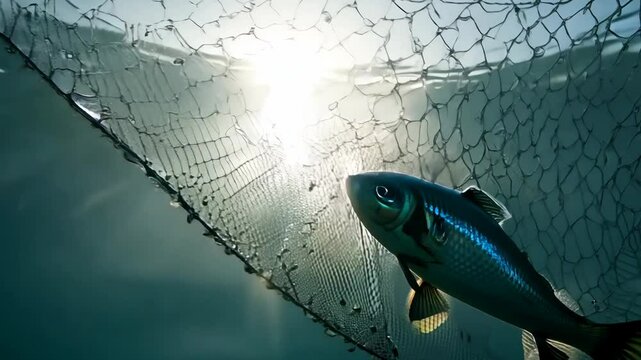 The camera zooms in on a fish caught in a net, struggling to escape, illuminated by a spotlight, with water rippling around it.