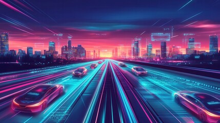 Fototapeta premium Futuristic Cityscape with Neon Lights and Fast Moving Cars