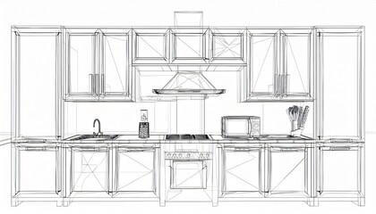 Technical drawing of a modern kitchen design showing cabinets and appliances