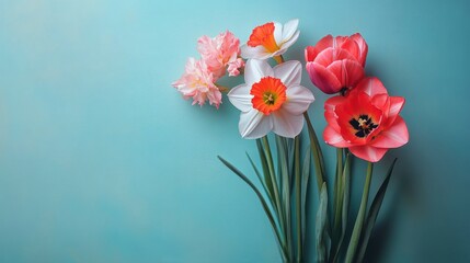 Fototapeta premium Colorful flowers arranged on a blue background in a vibrant indoor setting during springtime