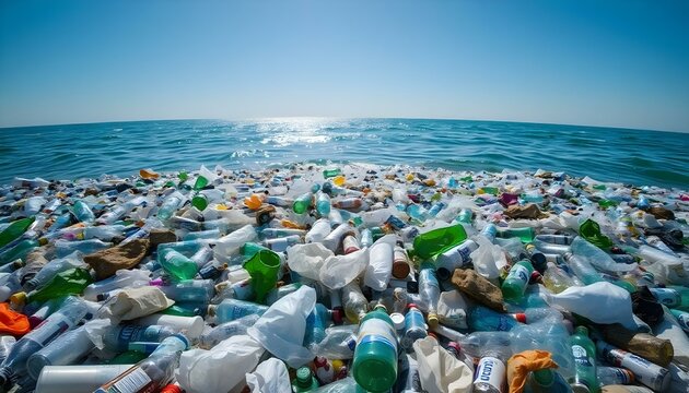 Planet pollution represented by floating bottles and trash in the ocean sea