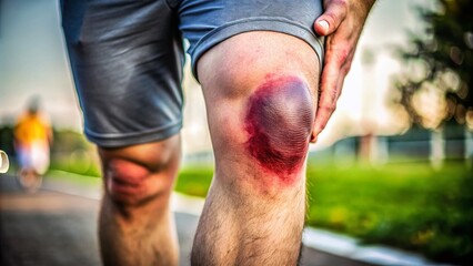 Naklejka premium Close-up of a swollen knee with bruising and inflammation, showcasing the painful aftermath of an ACL tear injury,