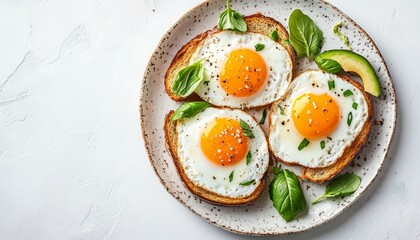 Top View Of Healthy Hearty Breakfast, Three Fried Eggs Placed Triangle-Shaped on White Background