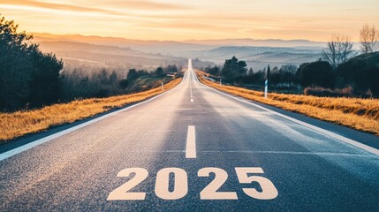 Long rural road with 2025 marking towards distant hills