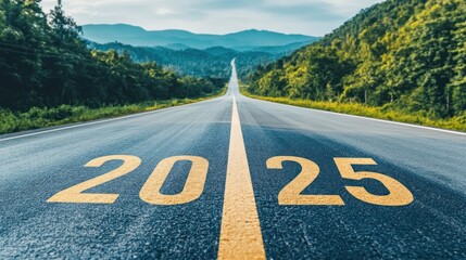 Long road with year 2025 written, leading to horizon.