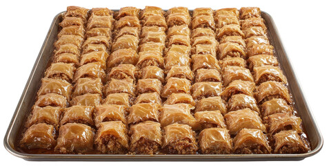Tray of baklava with glossy syrup and layers of pastry on transparent background