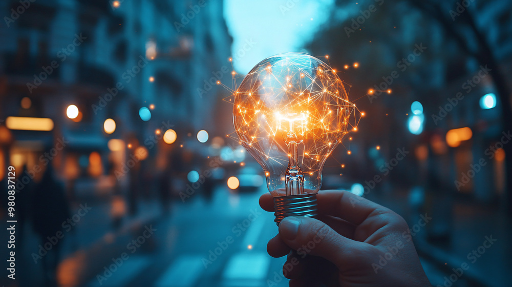 Poster businessman holds a glowing light bulb with a network connection, symbolizing innovation and technol