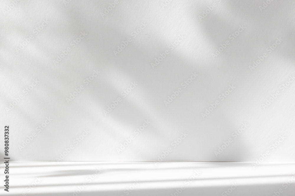 Poster Abstract white color studio background for product presentation. Empty room with shadows of window and flowers and plant leaves . 3d room with copy space. Summer concert. Blurred backdrop.