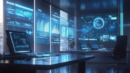 Modern Data Analysis Office with Advanced Technology Interfaces