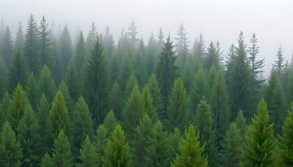 Fototapeta premium A dense forest of tall pine trees in various shades of green, with a misty, foggy background