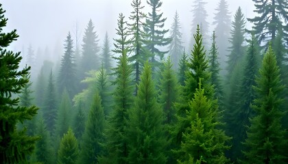 Fototapeta premium A dense forest of tall pine trees in various shades of green, with a misty, foggy background