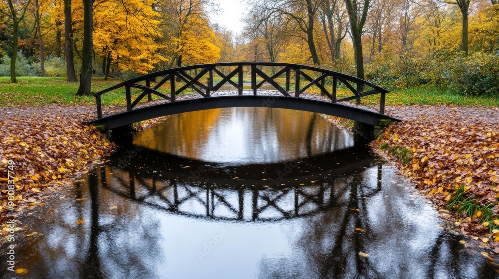 Wall mural Small bridge over a stream in an autumn park, surrounded by bright foliage and reflected in the water 