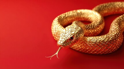 Fototapeta premium Golden snake with detailed scales, red background image.