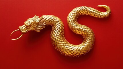 Obraz premium Dragon-head golden snake on red background, stylized.