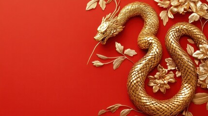 Obraz premium Golden dragon and floral design on red