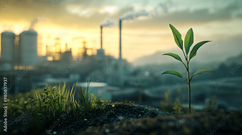 Poster tiny plant thrives in contaminated soil with a factory in the backdrop during sunset