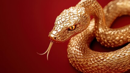 Obraz premium Golden snake head close-up with tongue out on red.