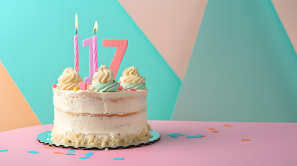 17th-year birthday cake on an isolated colorful pastel background.