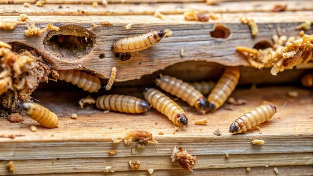 Close-up of wood worms burrowing into a damaged wooden plank, creating tunnels and cavities, with tiny exit holes