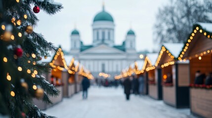 Snowy Christmas market at the Helsinki Cathedral, with festive booths, holiday lights, and visitors enjoying mulled wine 