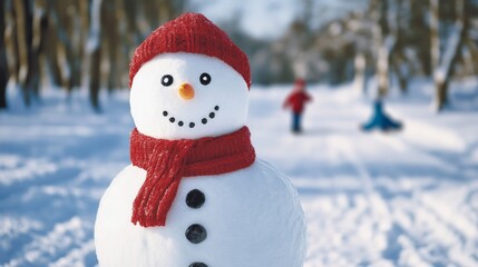 Fototapeta premium Snowman with twinkling eyes and a bright red scarf, kids sliding down a snowy hill in the background, cheerful winter day 