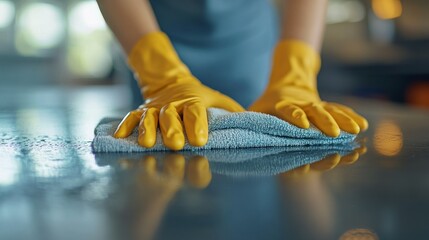 A person wearing yellow gloves cleans a kitchen countertop with a microfiber cloth during the day