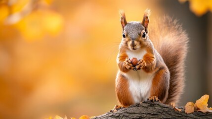 Obraz premium Squirrel collecting acorns on a tree branch in an autumn park, with colorful leaves and a soft background 
