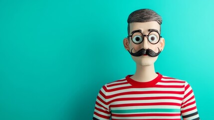 Fototapeta premium Striped tablecloth character with a monocle and a mustache, looking curious on a pastel cyan background 