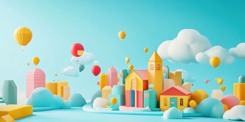 Obraz premium A vibrant 3D illustration of a colorful cityscape with balloons and fluffy clouds against a bright blue sky.