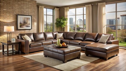 Obraz premium Coffee-brown leather sectional sofa set with matching ottoman and glass-topped coffee table in a sleek, modern living