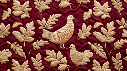 Textured Thanksgiving fabric with embossed golden turkeys and oak leaves on a rich burgundy background 