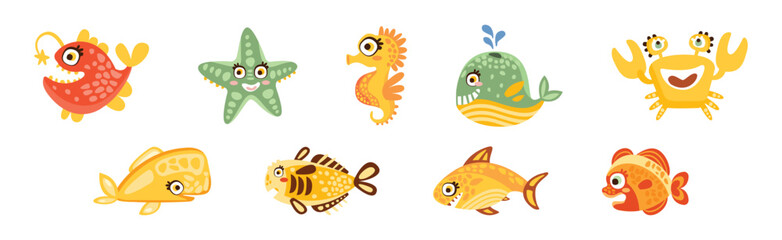 Sea Mammal and Underwater Cute Animal Swim in Ocean Vector Set