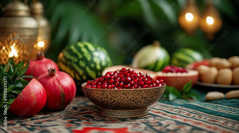 Sticker Traditional Yalda Night decorations with Persian rugs, lanterns, and a table filled with pomegranates, watermelons, and festive treats 