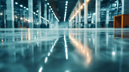 Fototapeta premium Polished concrete floor reflecting lights in an empty warehouse or logistics center