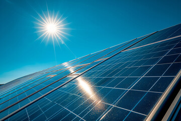 Close-up shot of solar panels on roof of contemporary house. Clean energy solution for sustainable living. Renewable power generation. Green energy technology.
