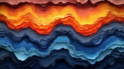 Colorful abstract waves with intricate layers in orange, blue, and dark tones, showcasing artistic depth and modern design.