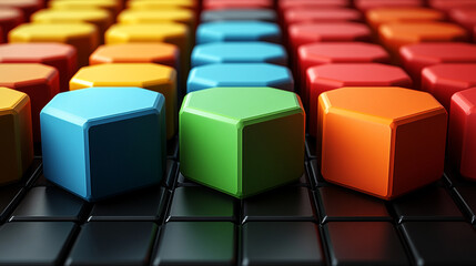 Obraz premium Colorful hexagonal blocks arranged in a vibrant pattern, creating a visually appealing abstract background for various uses.