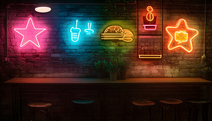 An illustration of colorful and bright neon signs at a diner