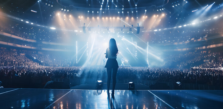 A beautiful female pop star singer giving a music concert performance in a huge crowded stadium arena hall on a stage. Cool vibe with many fans.