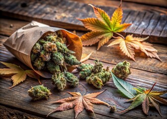 Freshly harvested cannabis buds spill out of a paper bag onto a rustic wooden surface, surrounded by natural elements like earthy stones and fallen leaves.
