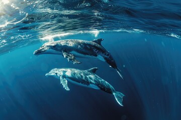 Obraz premium Underwater View of Dolphins Swimming in the Deep Blue Ocean