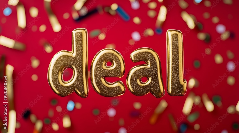 Poster Word deal in bold gold letters on a festive red background with confetti and streamers 