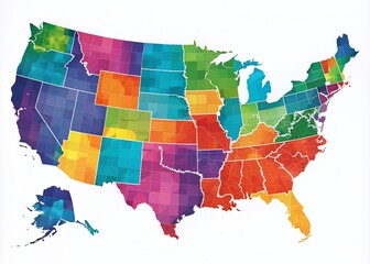 Colorful and detailed illustration of the contiguous United States map with bold state borders and subtle texture,