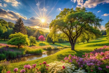 Obraz premium Vibrant summer landscape features lush greenery, swaying trees, and delicate blooming flowers bathed in warm, golden sunlight, exuding serenity and natural beauty.
