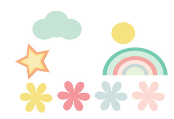 set of blue cloud, star, rainbow and flowers on a white background,