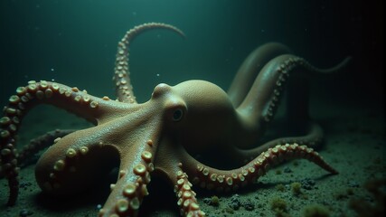 An octopus of a greenish hue floats on the ocean floor
