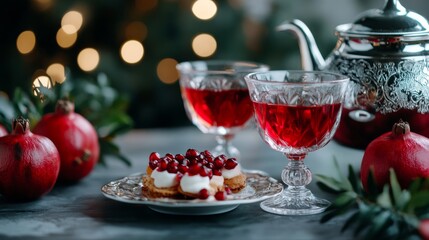 Yalda Night tea setup with a traditional samovar, crystal glasses, pomegranates, and a small plate of sweets, warm and inviting 