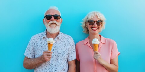 Cheerful couple enjoying ice cream against a vibrant blue background, showcasing laughter and joy in their golden years.